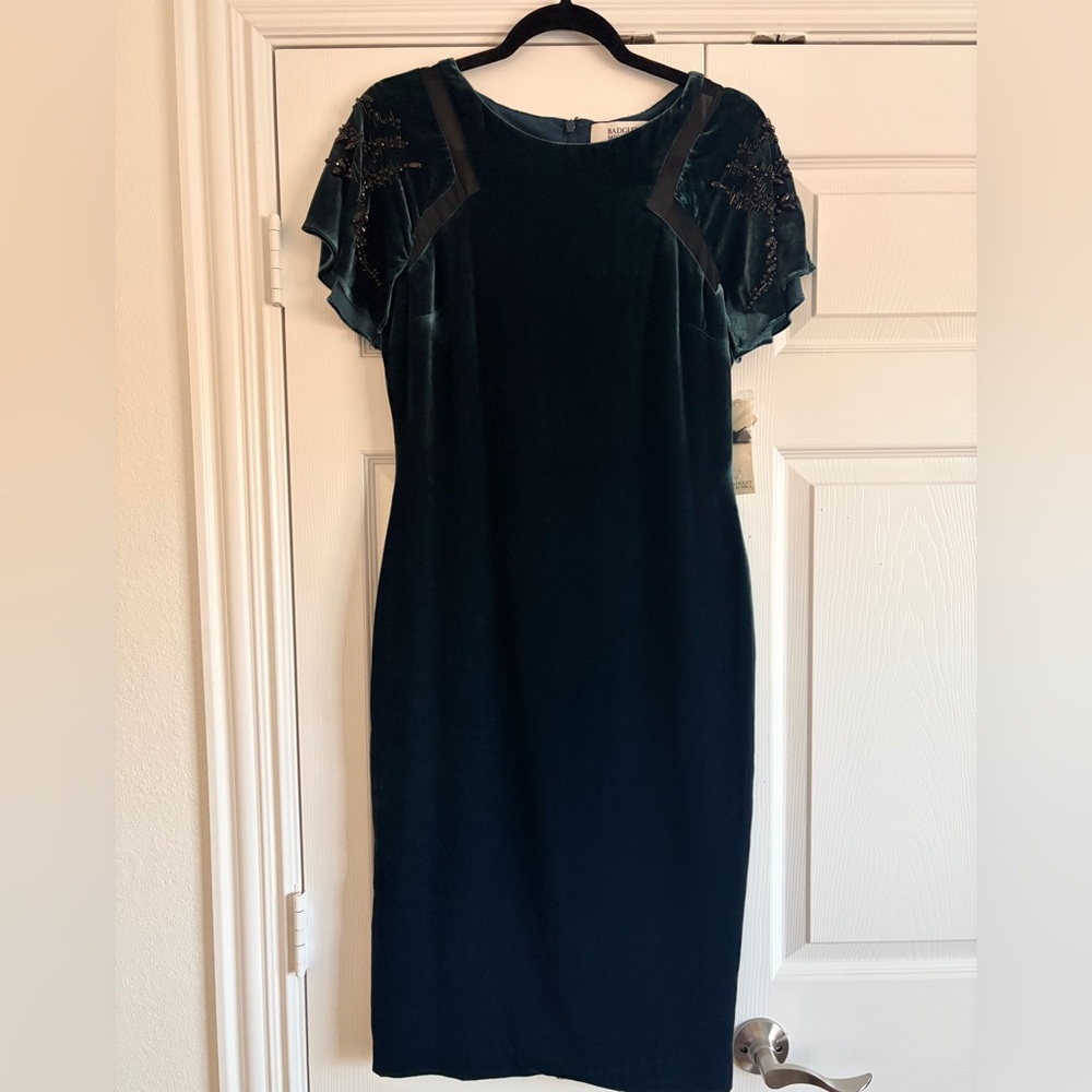 Badgley Mischka Teal Velvet Midi Dress with Beaded Sleeve Accents